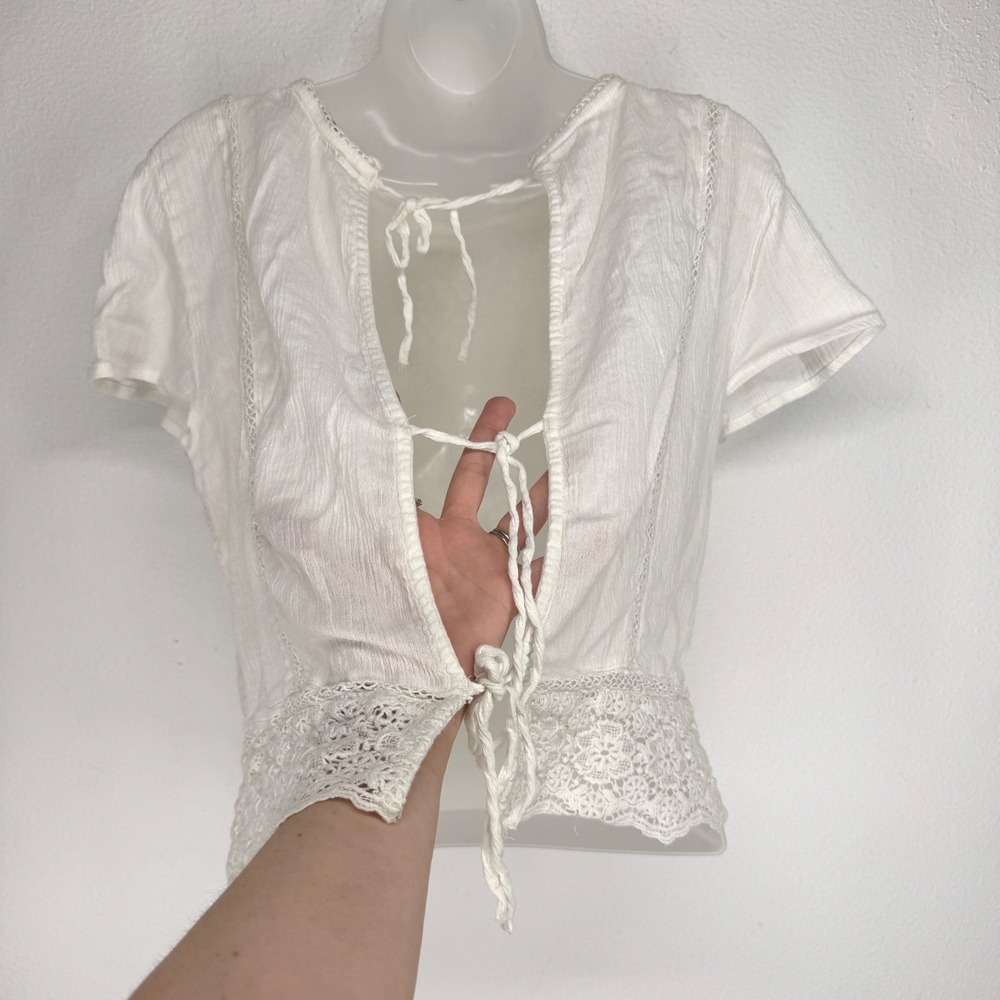 Abercrombie Fitch White Embroidered Lace Trim Open Back Tie Shirt Size L Boho